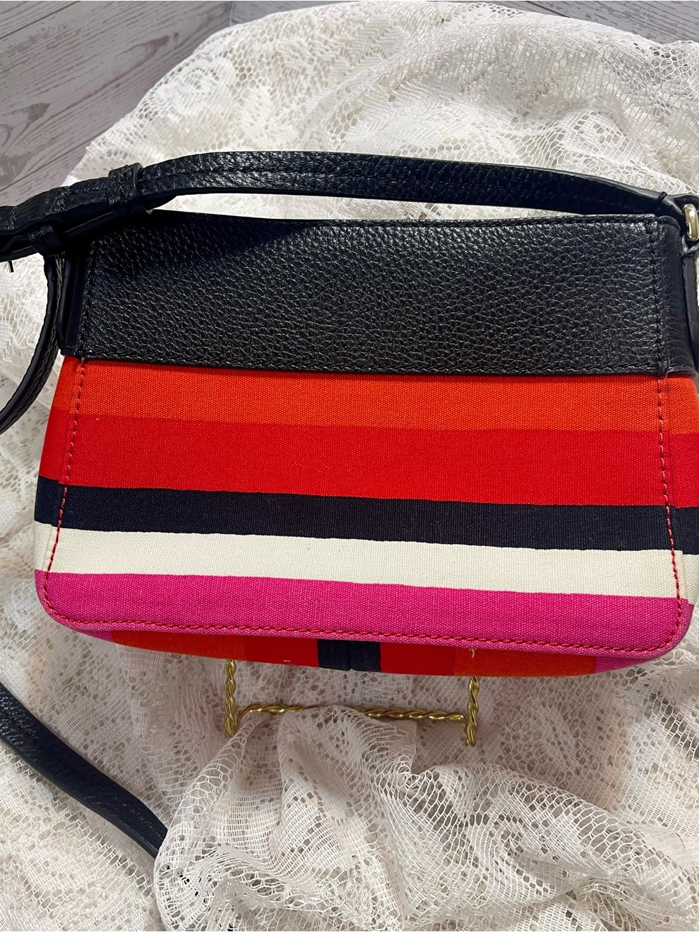 NWT Kate Spade NY Hayes black leather small canvas leather crossbody strips - Picture 3 of 11